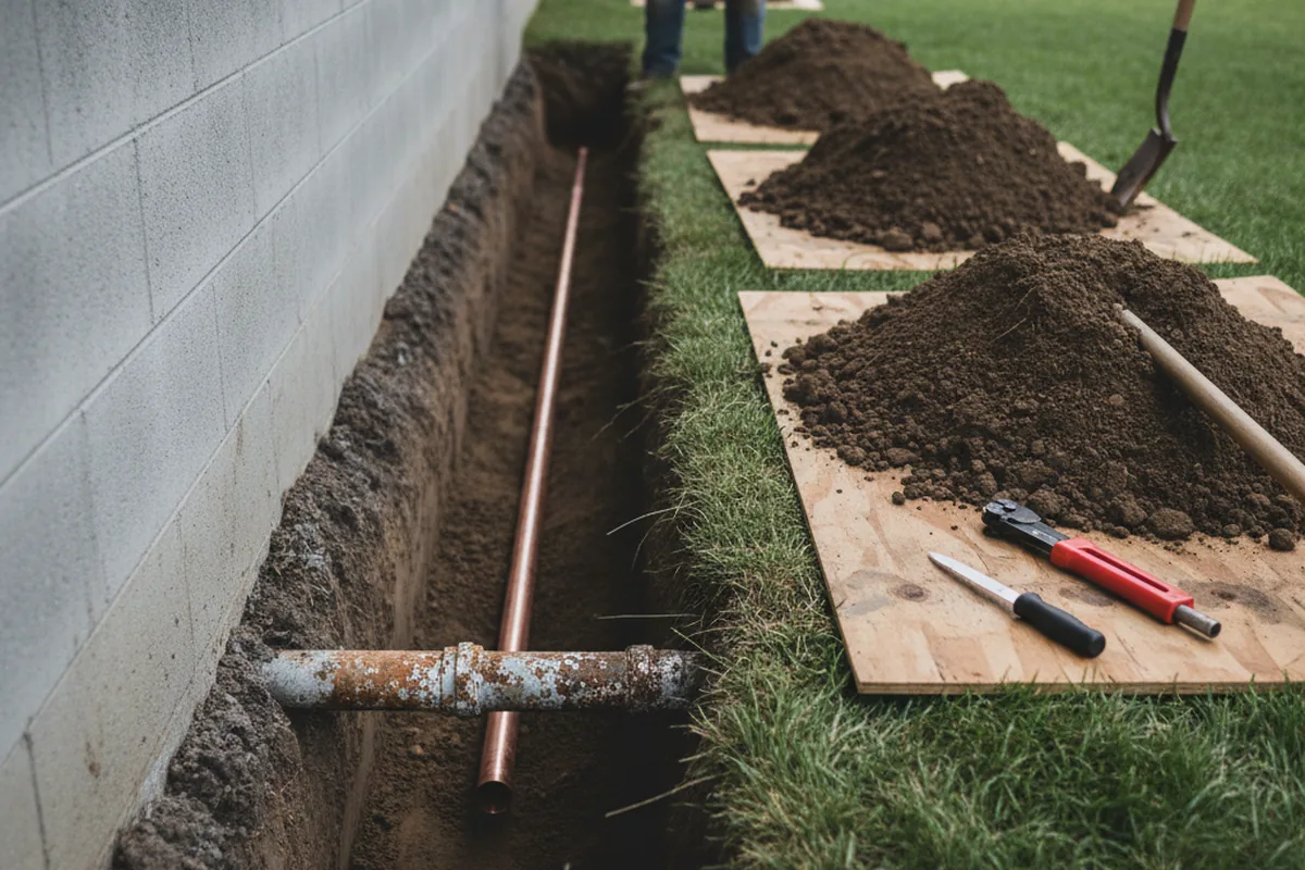 Excavated water line trench during Water Heater Repair in Anahola